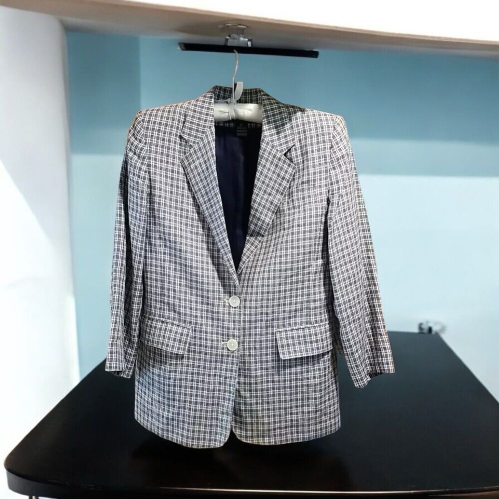 Lauren Ralph Lauren Womens 8P Linen Plaid Lined Blazer Jacket Blue Ivory Pockets